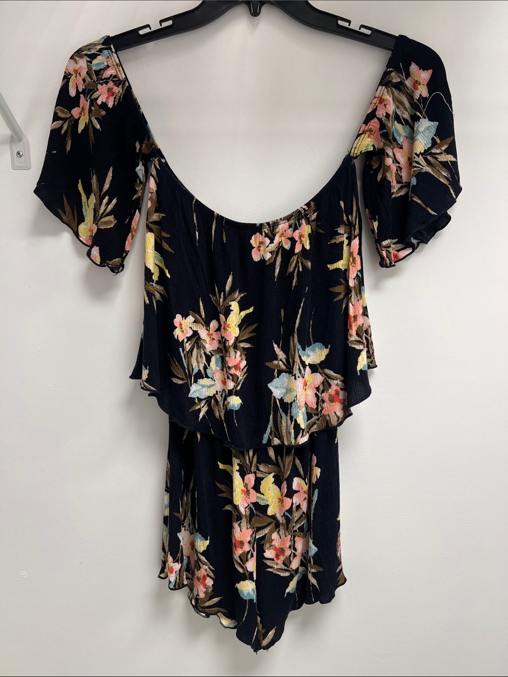 Black Floral Off-Shoulder Romper with Flutter Sleeves